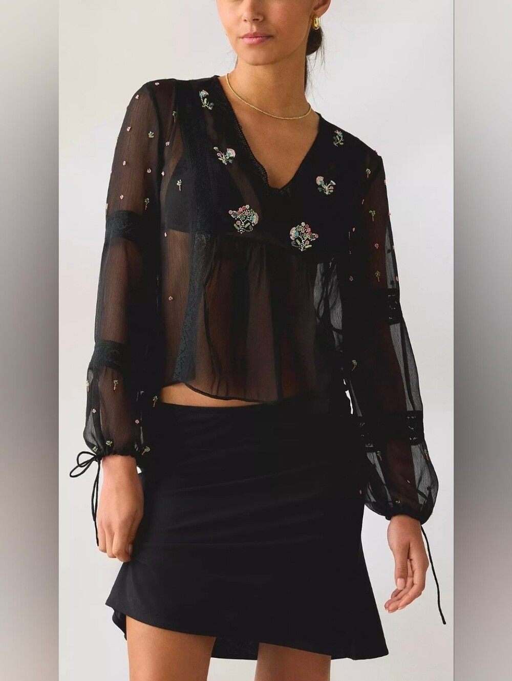 Kimchi Blue Black Sheer Embroidered Boho Blouse